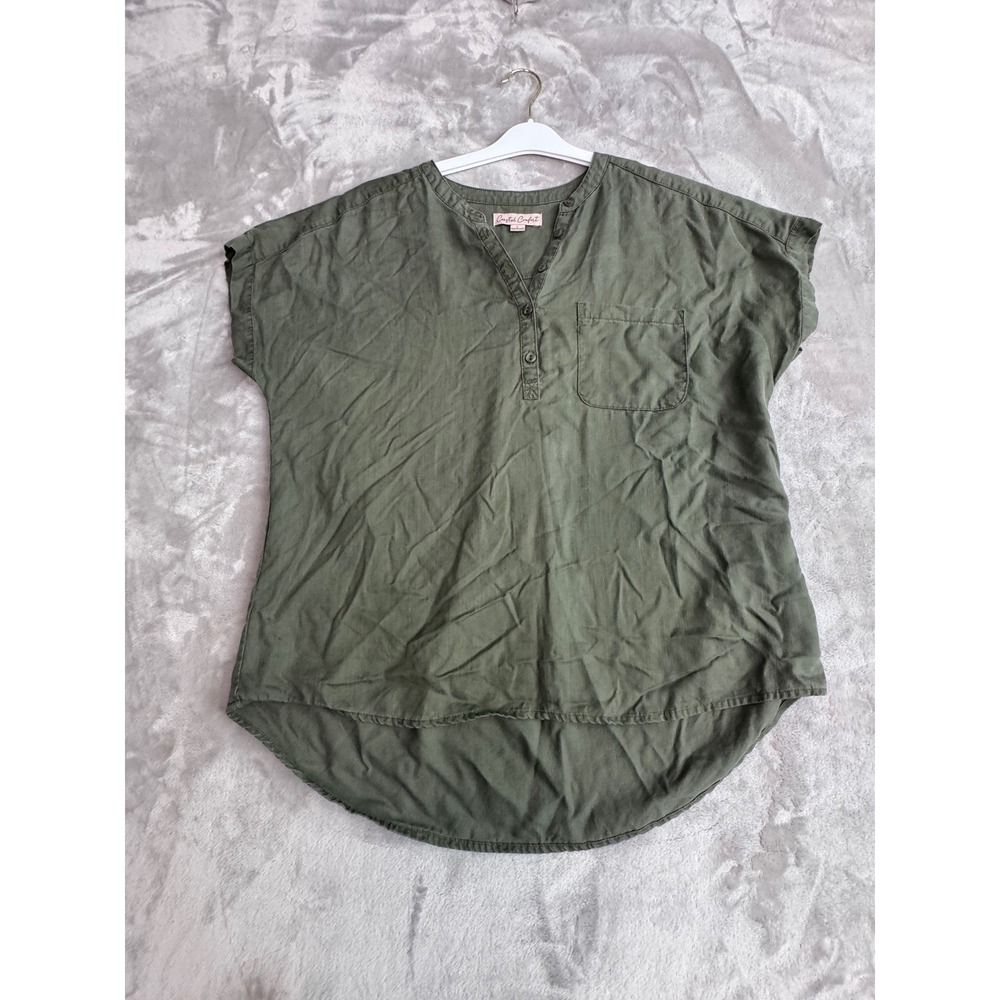 Coastal Comfort Olive Green Short Sleeve Henley Blouse Top Large High Low Hem